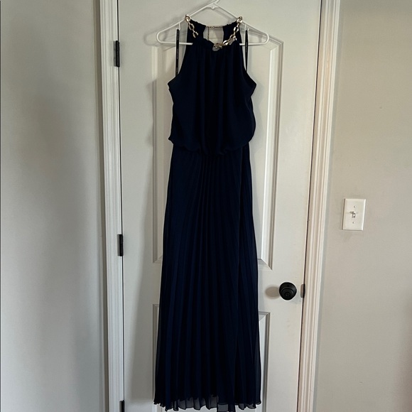 Bisou Bisou Dresses & Skirts - Bisou Bisou Navy Pleated Halter Maxi Dress with Chain Accent